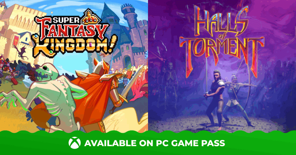 Split image: Left, cartoon fantasy battle; right, dark dungeon scene. Text: Available on PC Game Pass.