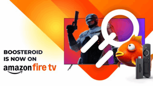 Boosterroid now on Amazon Fire TV; TV screen with game character and cartoon fish, Fire TV remote shown.