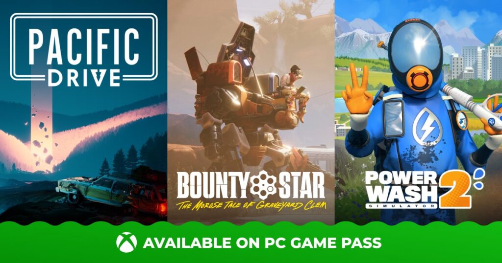 Three video game covers for Pacific Drive, Bounty Star, and PowerWash Simulator 2, with Game Pass logo.