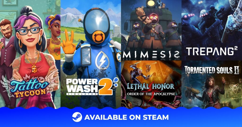 A collage of six video game covers with "Available on Steam" text and a Steam logo at the bottom.