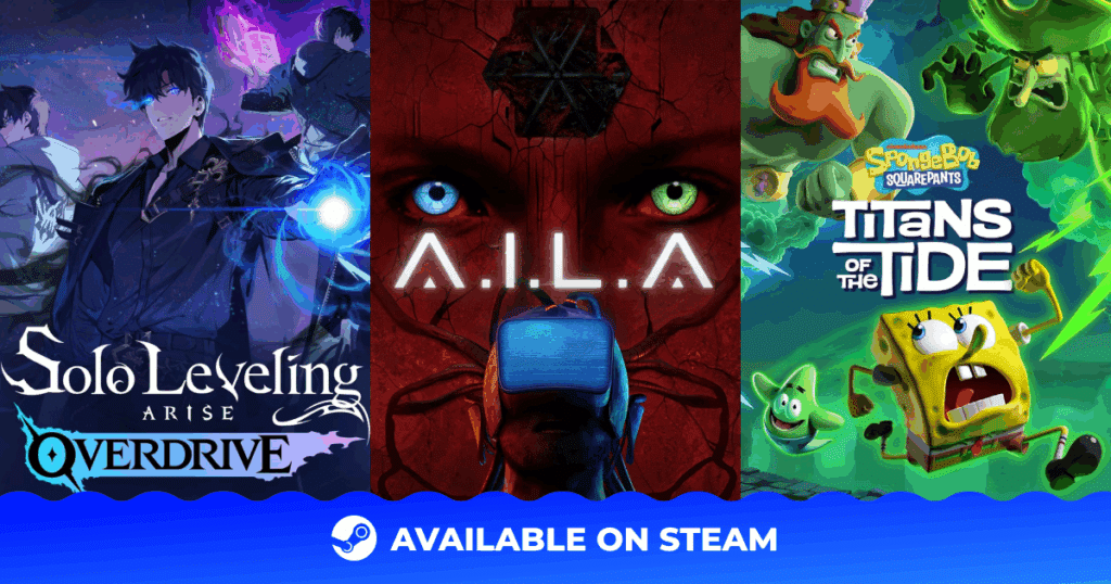 Three game covers: Solo Leveling: Arise, A.I.L.A., and SpongeBob SquarePants: Titans of the Tide, on Steam.