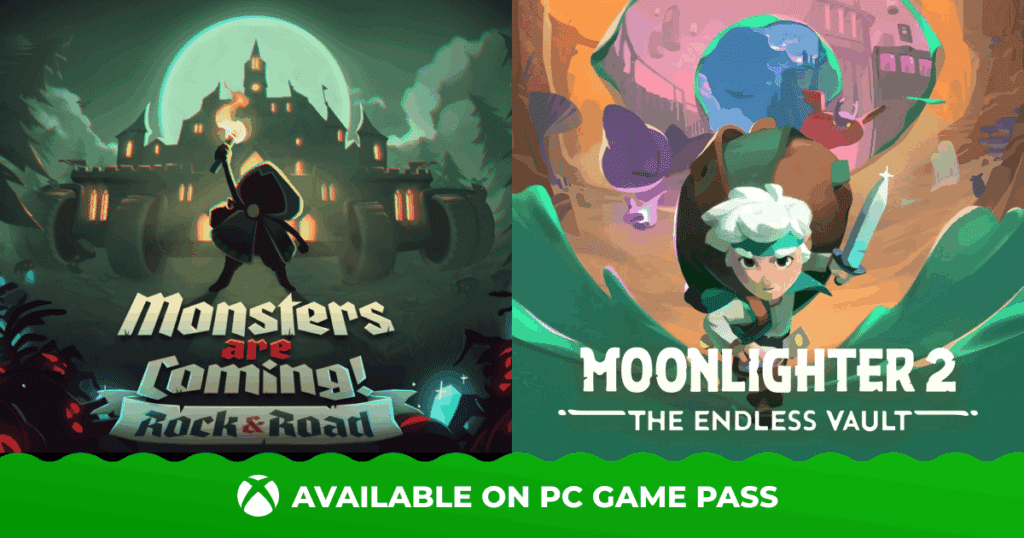 Split image: "Monsters are Coming!" game art on left, "Moonlighter 2" on right, PC Game Pass banner below.