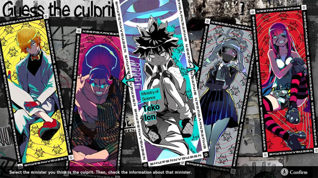 Shuten Order screenshot. Five stylized character portraits with bold colors and text, set against a grungy, graffiti-like background.