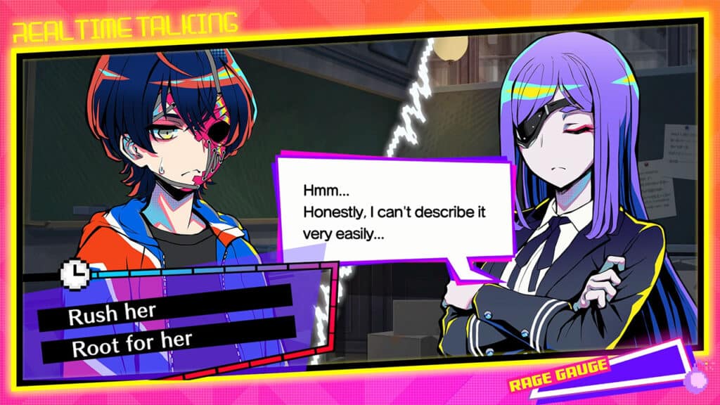 Shuten Order screenshot. Two anime characters talk in a colorful game interface with dialogue and choice options on screen.