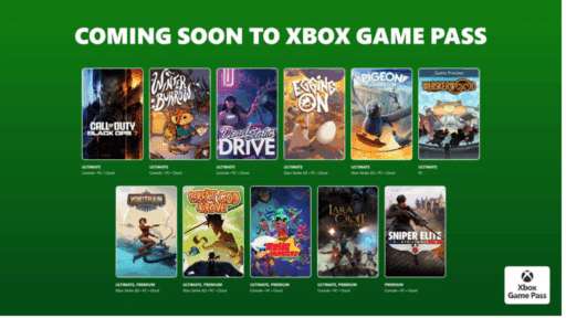 A green Xbox Game Pass banner shows 10 upcoming game covers, including Call of Duty and Dead Static Drive.