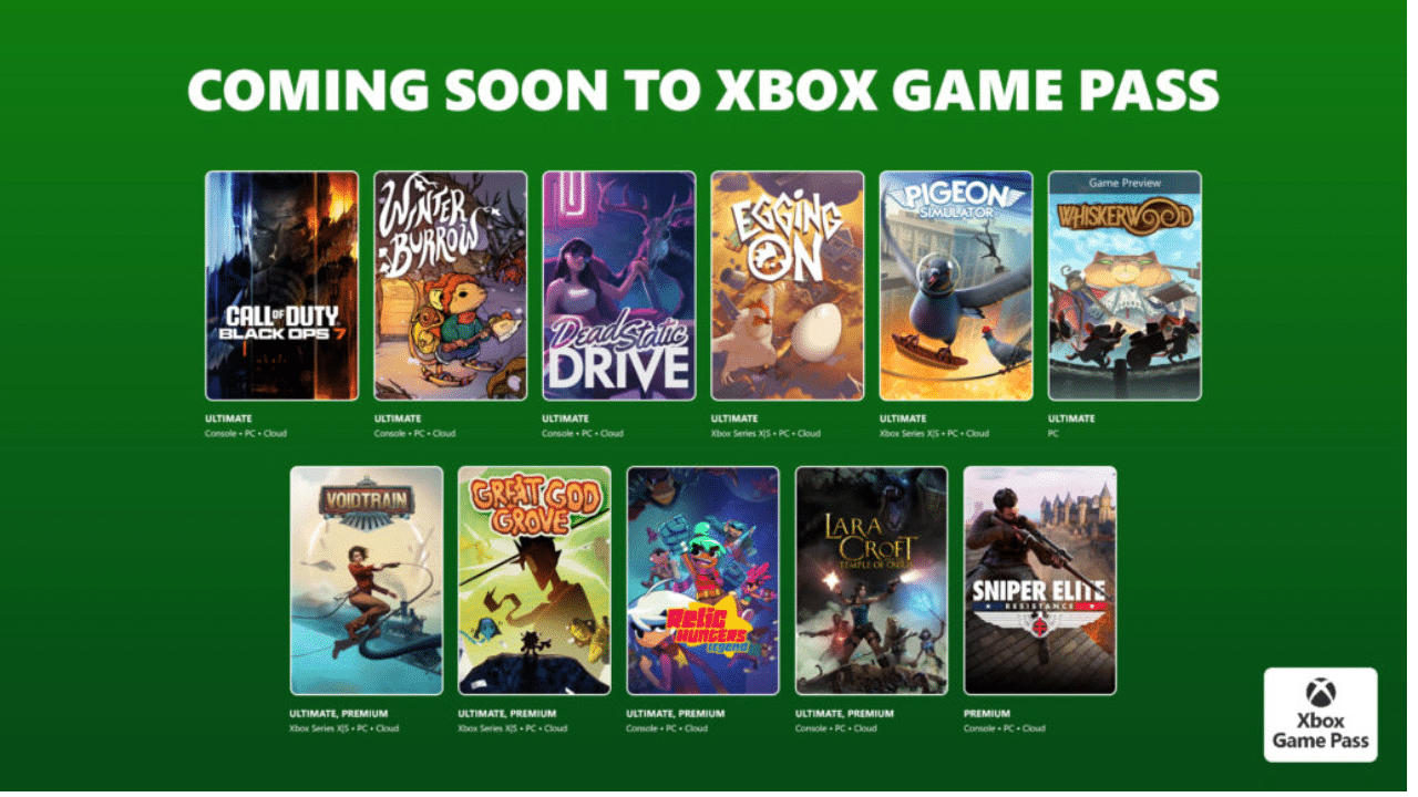 A green Xbox Game Pass banner shows 10 upcoming game covers, including Call of Duty and Dead Static Drive.