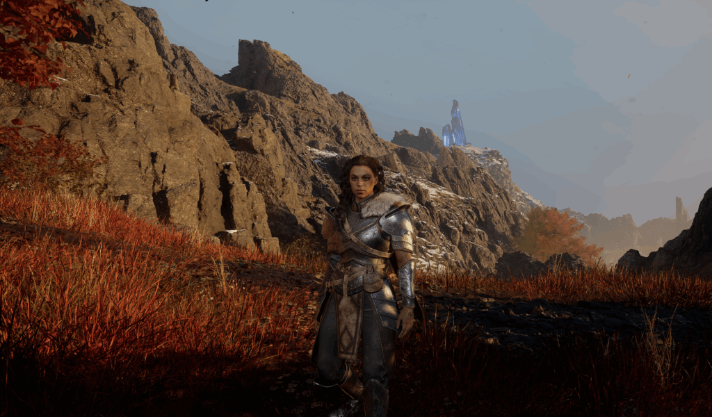 A woman in armor stands in a rocky, autumn landscape with a distant blue-lit structure on a cliff, the scene resonating with Echoes of the End.