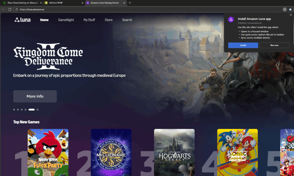 Microsoft Edge displaying an Install Amazon Luna app pop-up.