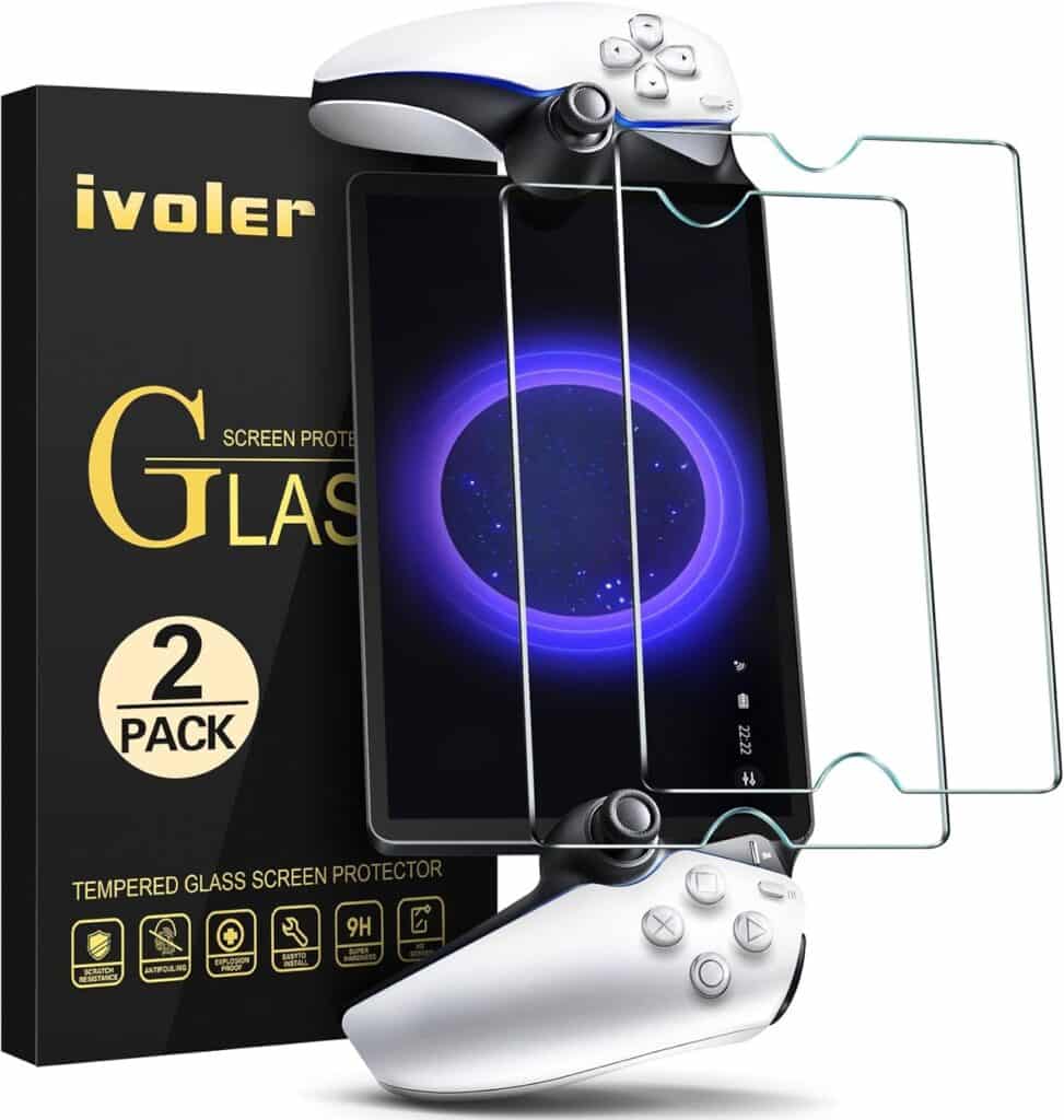 PlayStation Portal with two glass screen protectors beside an iVoler screen protector box—perfect for those seeking the best PlayStation Portal accessories.