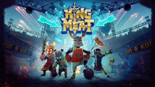 Four cartoonish armored characters pose in an arena under a vibrant "King of Meat" sign, holding weapons and food.