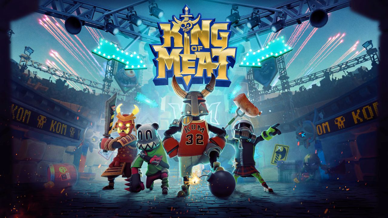 Four cartoonish armored characters pose in an arena under a vibrant "King of Meat" sign, holding weapons and food.