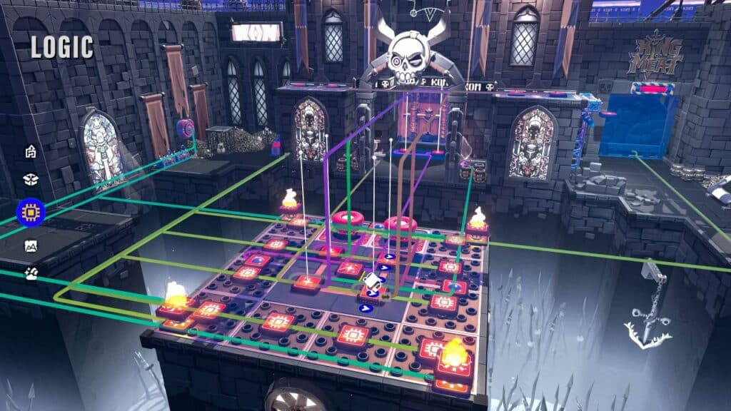 A complex puzzle platform in a dark, castle-like video game scene with colorful logic lines and switches.