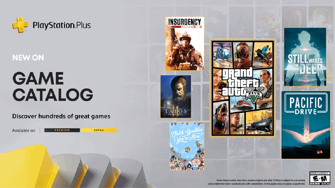 PlayStation Plus Game Catalog: new game covers displayed including GTA V, Insurgency, and Still Wakes the Deep.