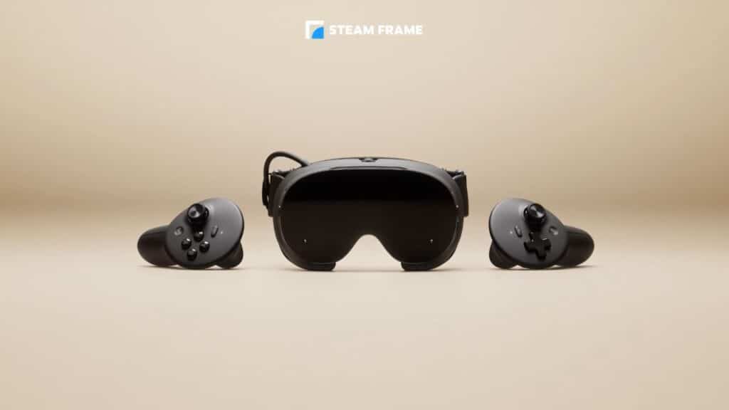 Black VR headset with two controllers on either side, with