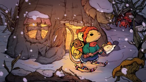 A mouse in winter clothes leaves a cozy treehouse, carrying a lantern and walking through the snow.