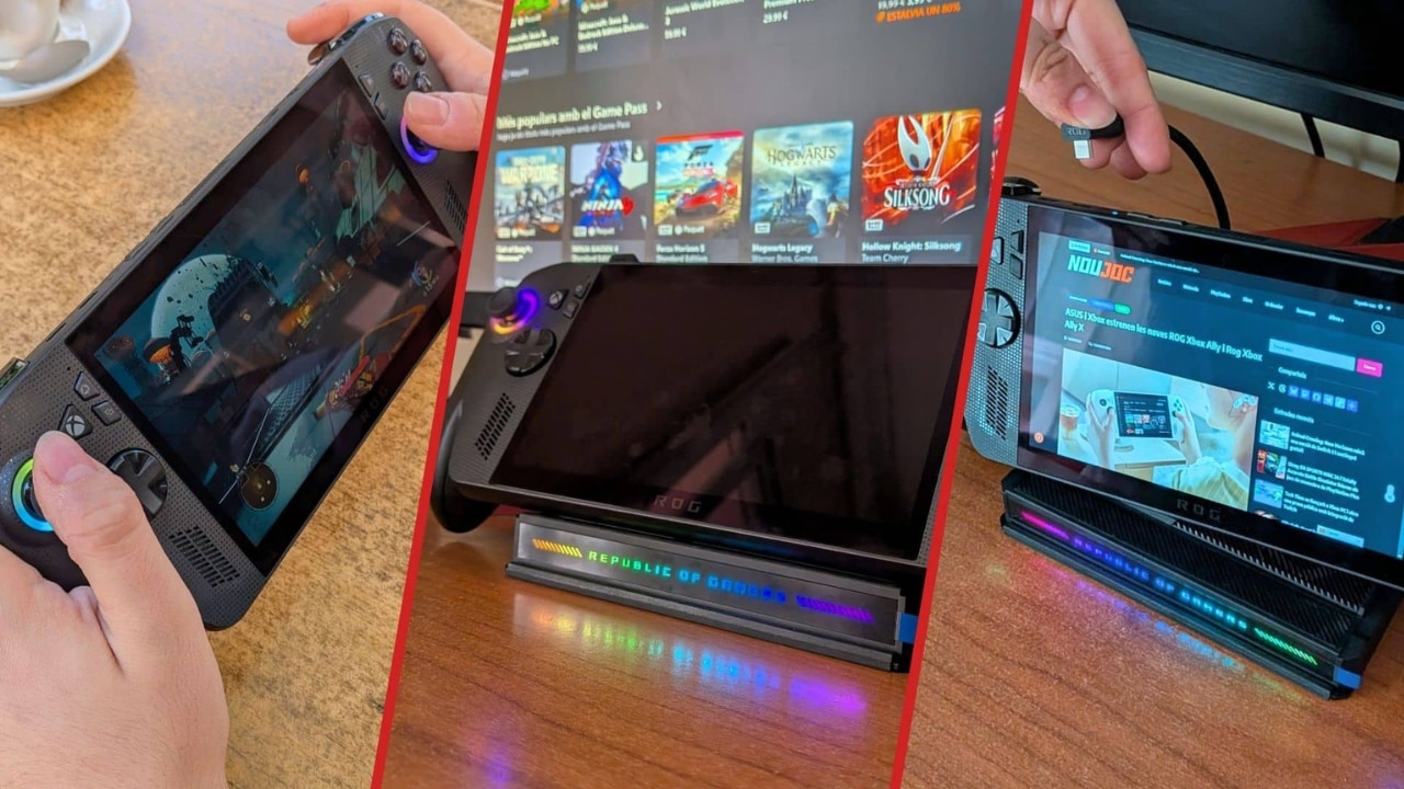 Hands holding a handheld gaming device, with games displayed on its screen and dock—perfect for anyone interested in a rog box ally x review.
