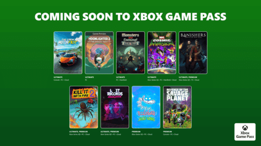 Upcoming games on Xbox Game Pass displayed with colorful cover art on a green background.