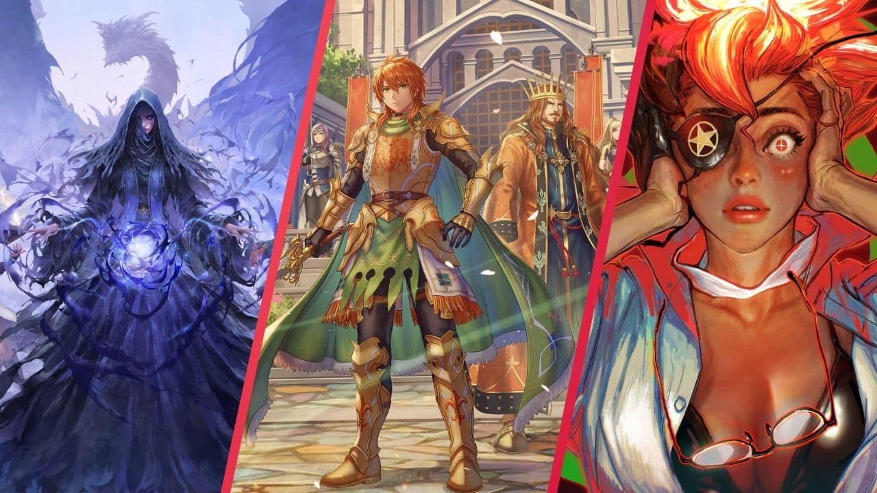 Three fantasy characters: a hooded mage, an armored knight, and a surprised woman with a mechanical eyepiece.