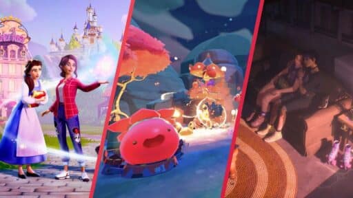 Three split scenes: animated princesses, a glowing crab creature, and two people sitting closely on a couch at night enjoying Xbox Cloud gaming during the holidays.