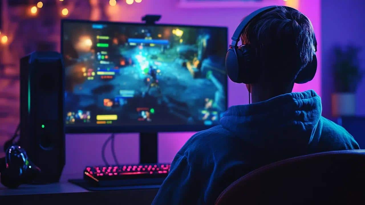 Person wearing headphones playing a video game on a computer in a room with colorful lighting, immersed in action while checking Amazon GameLift Streams for the latest updates.
