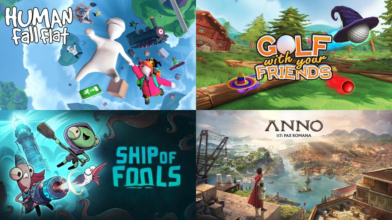 A collage of four game covers—Human Fall Flat, Golf With Your Friends, Ship of Fools, and Anno 117: Pax Romana—showcasing new games on Amazon Luna.