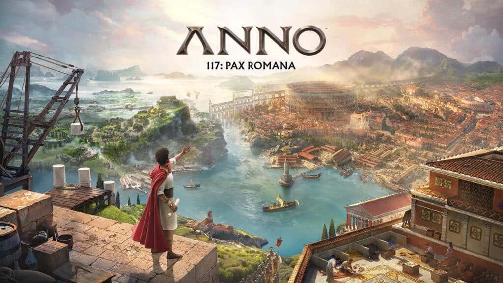 A Roman figure overlooks a vast ancient city with a colosseum and harbor; text reads "Anno 117: Pax Romana"—one of the exciting new games on Amazon Luna.