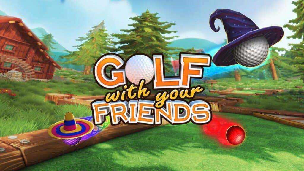 Golf game logo featuring golf balls wearing a wizard hat and a sombrero, set on a colorful mini-golf course—perfect for fans of new games on Amazon Luna.
