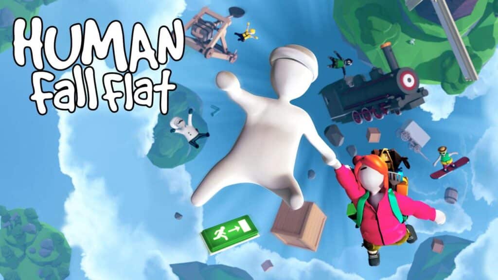 Two cartoon characters fall through the sky with "Human Fall Flat" game title above them, highlighting one of the new games on Amazon Luna.