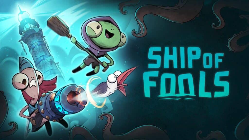 Cartoon creatures with weapons near a lighthouse; text reads "Ship of Fools" on a dark blue background, inspired by new games on Amazon Luna.
