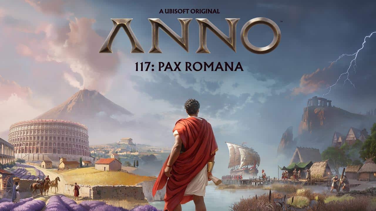 A man in a Roman toga stands before a city with the Colosseum, ships, and mountains, embodying the splendor of Anno 117: Pax Romana.