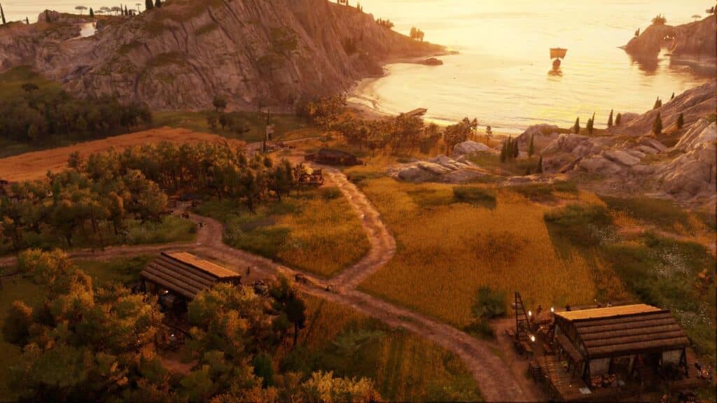 Aerial view of a rustic coastal village at sunset, with fields, cabins, and a ship in the distance, evoking the historical charm of Anno 117: Pax Romana.