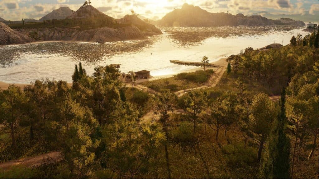 A scenic lakeside landscape at sunset with trees, a dirt path, small buildings, and distant mountains evokes the tranquil beauty of Anno 117: Pax Romana.