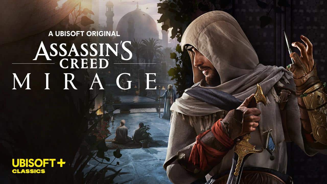 A hooded assassin stands in front of a cityscape with "Assassin's Creed Mirage" and "Ubisoft+" logos.