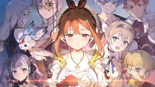 Anime-style group of characters with varied expressions and clothing, centered around a girl holding a glowing object.