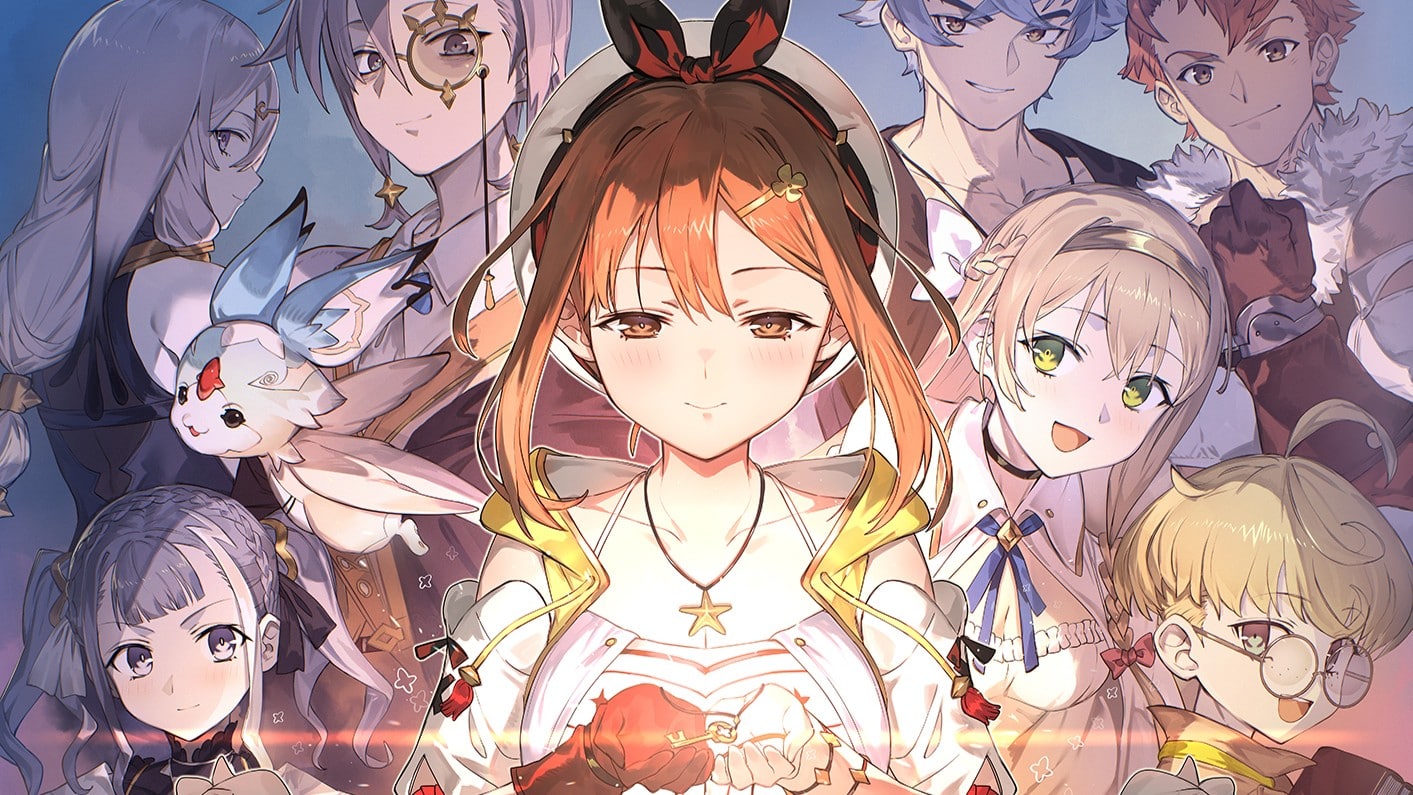 Anime-style group of characters with varied expressions and clothing, centered around a girl holding a glowing object.
