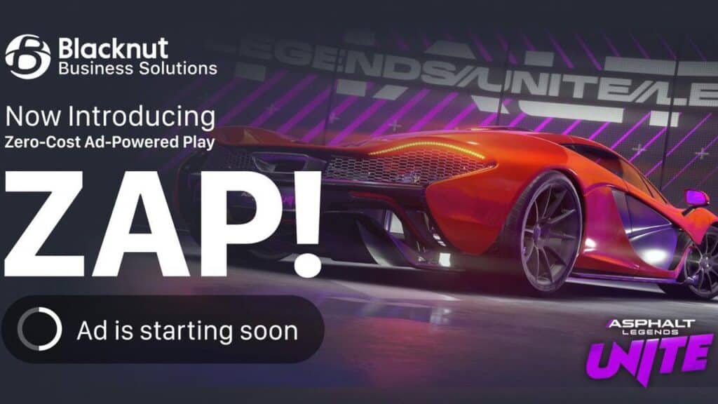 A sleek red sports car with neon lights and text promoting Zap a zero-cost ad-powered play by Blacknut Business Solutions.
