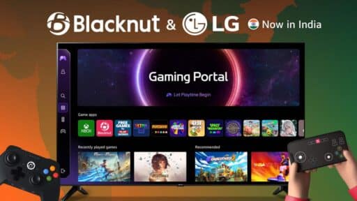 A TV displays the Blacknut LG Gaming Portal, featuring game icons, controllers, and the text "Now in India.