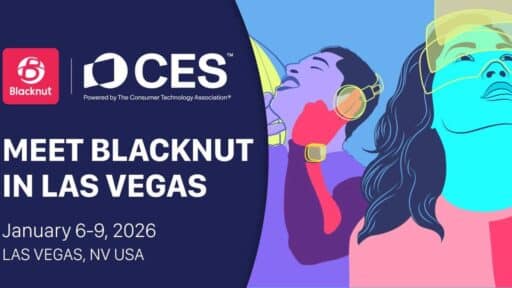 CES 2026 promo: "Meet Blacknut in Las Vegas," with stylized people wearing VR headsets and headphones.