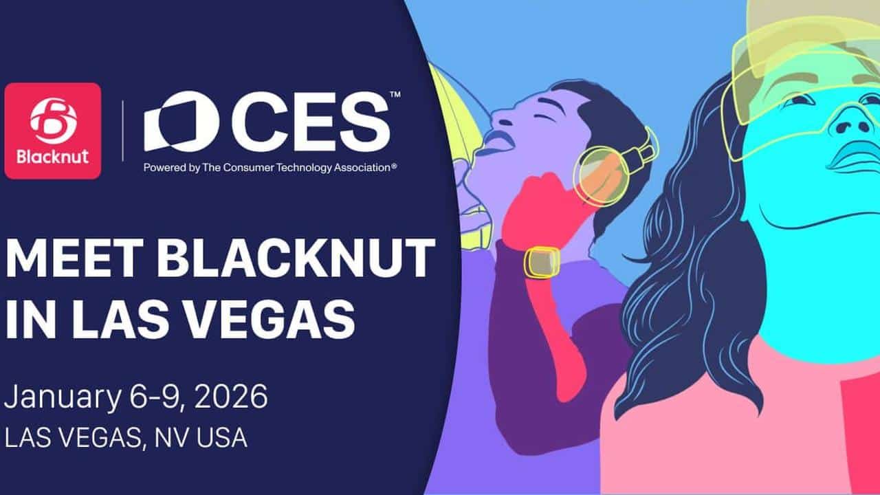 CES 2026 promo: "Meet Blacknut in Las Vegas," with stylized people wearing VR headsets and headphones.