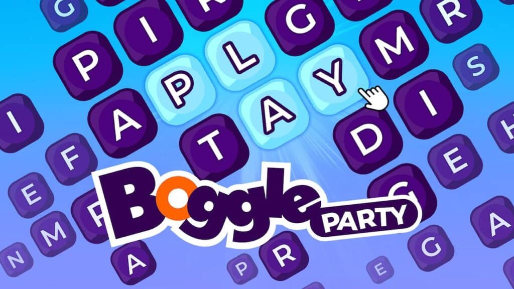 Boggle Party logo over a blue background with scattered letter tiles and a hand cursor pointing at letters, highlighting the fun of Netflix Games on TV.