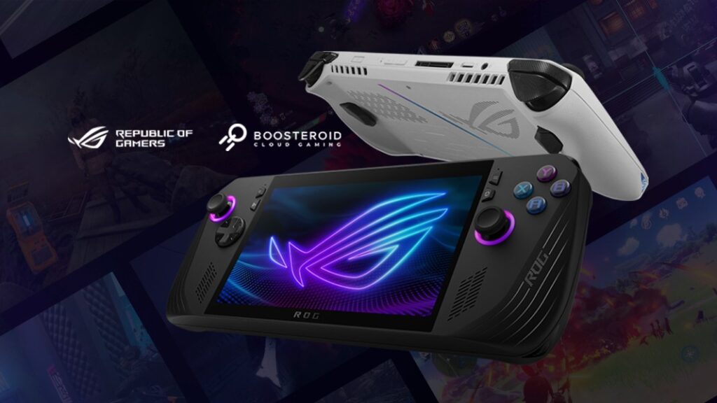 An ASUS ROG Ally cloud gaming device featuring the Boosteroid logo, with a vibrant screen displaying the ROG emblem, set against a dynamic gaming background.