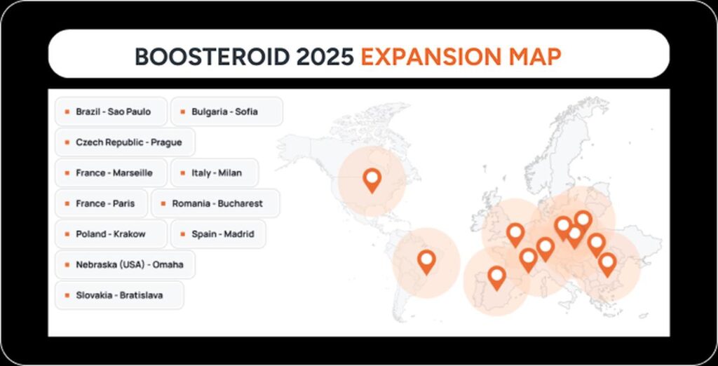 Map highlighting Boosteroid cloud gaming expansion in 2025, showcasing new locations across Europe, Brazil, and the USA with clearly labeled markers.