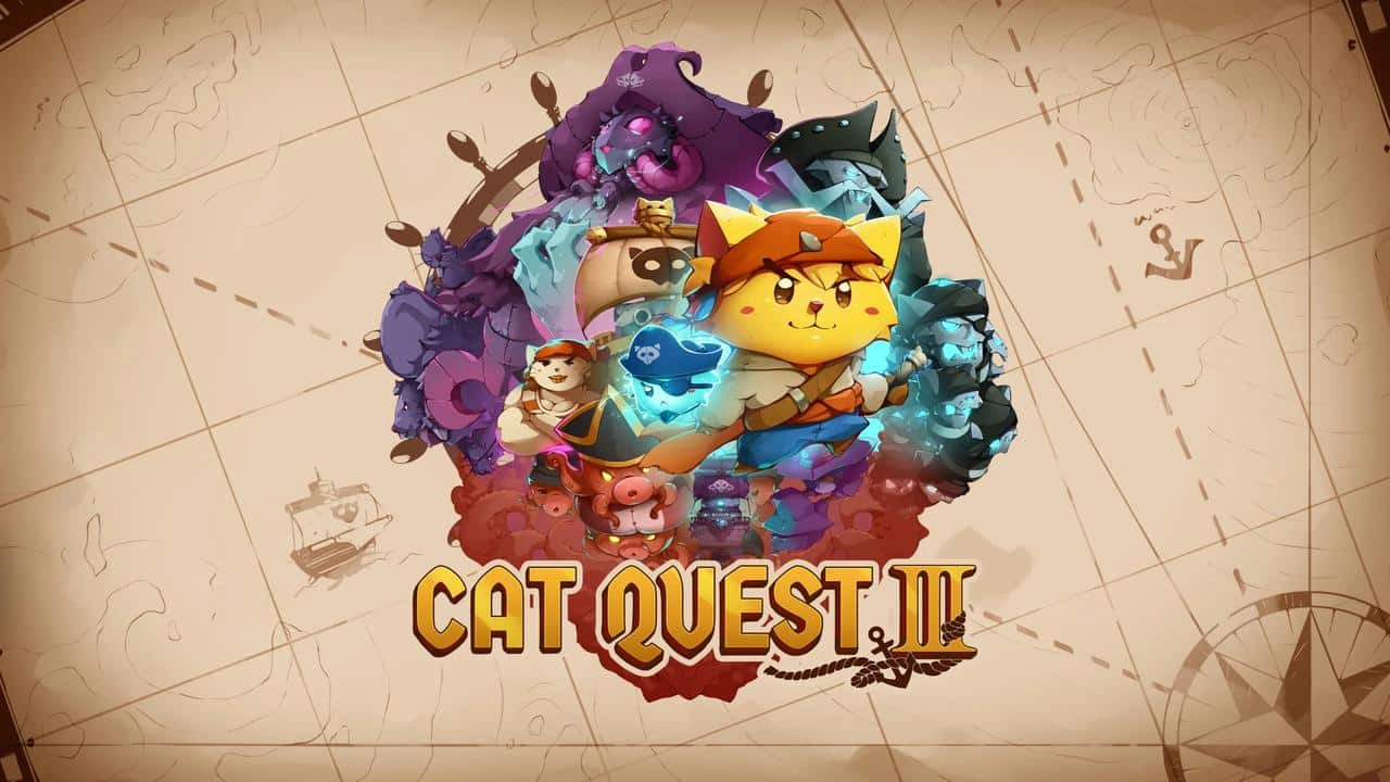Cartoon cat pirates on a colorful map background with the text "Cat Quest III" at the bottom.