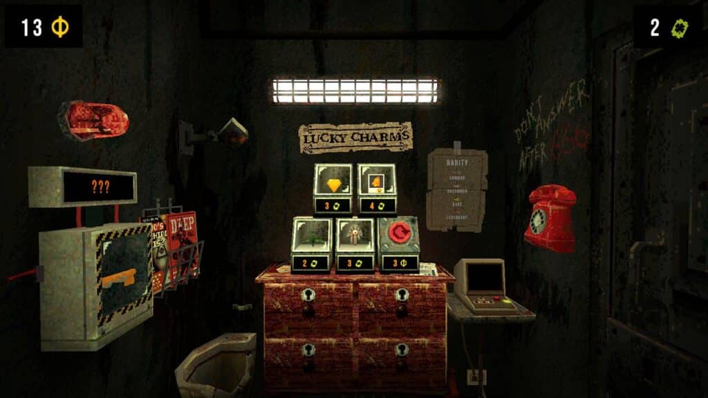 A dark game room with a "Lucky Charms" vending machine, a red phone, CloverPit branding, and edgy wall graffiti.