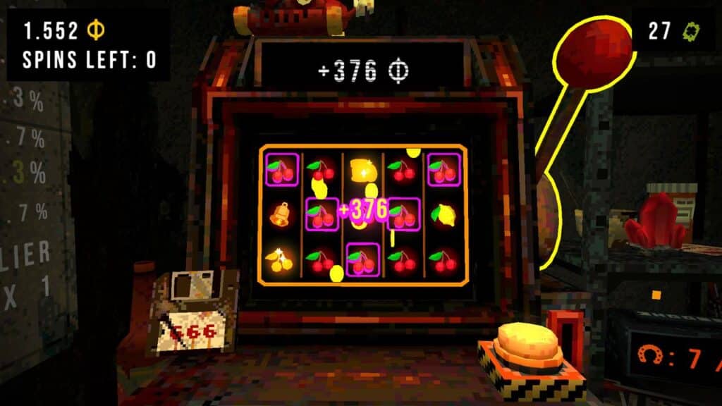 A pixel-style slot machine game screen from CloverPit displays a winning spin with fruit symbols and a +376 payout.
