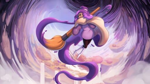A stylized character named Constance with purple hair wields a giant paintbrush, swirling in a vibrant, abstract vortex.