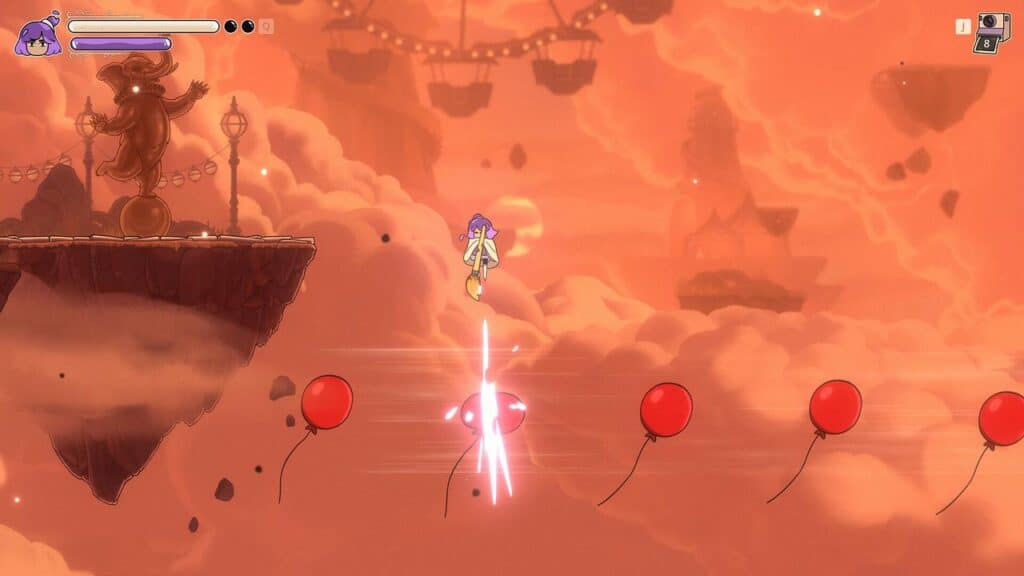 Animated character Constance jumps on red balloons in a dreamy, sky-filled game world with floating islands and drifting clouds.