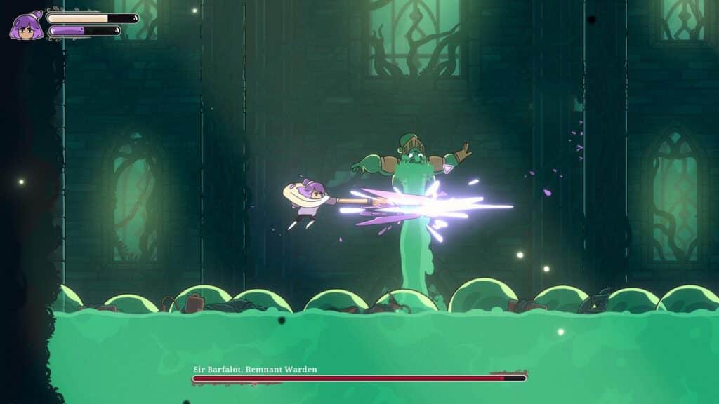 Constance, clad in a cape, attacks a green boss with her sword in a glowing, watery dungeon.
