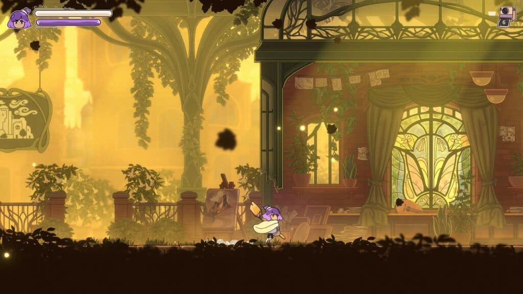 Constance, with her striking purple hair, dashes past a leafy, sunlit building adorned with large stained-glass windows.