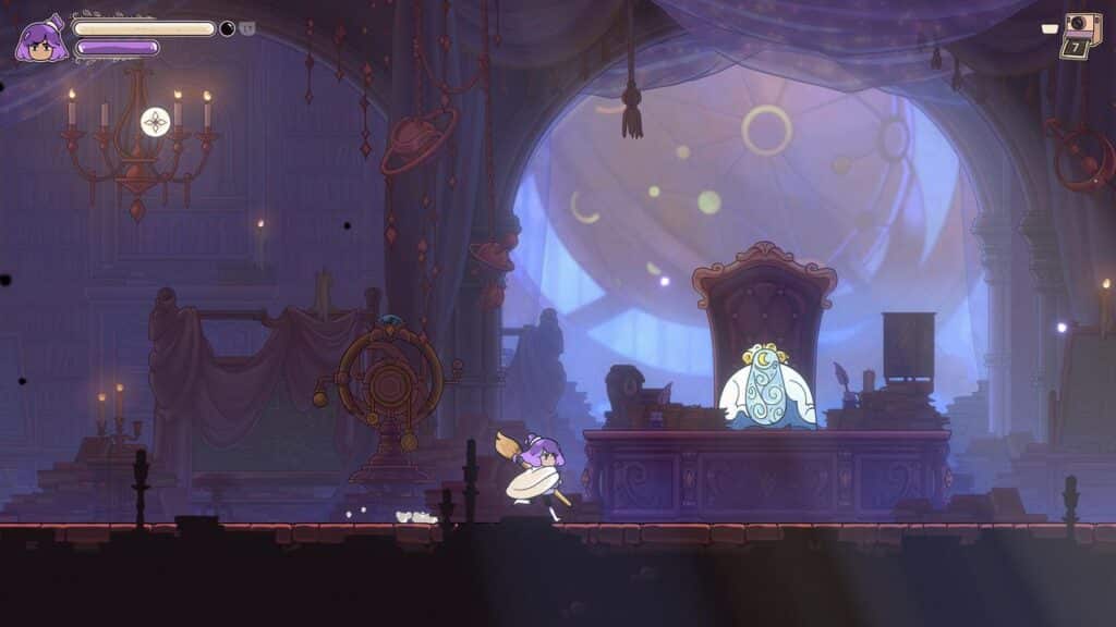Constance, a girl with purple hair and a hat, stands in a magical, dimly lit office with a large blue creature at a desk.